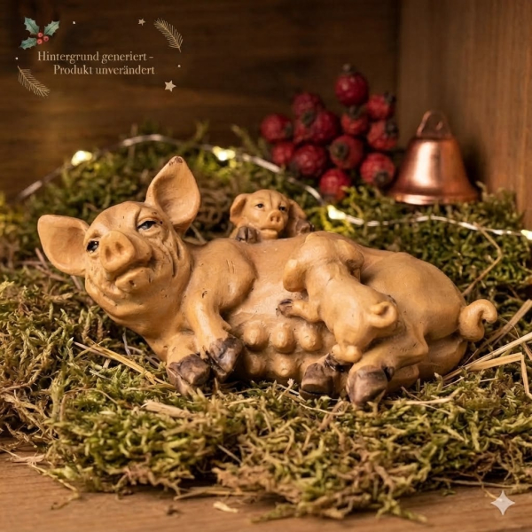 Handbemalte Krippenfigur Mutterschwein mit Ferkel, ca. 3 cm, T118